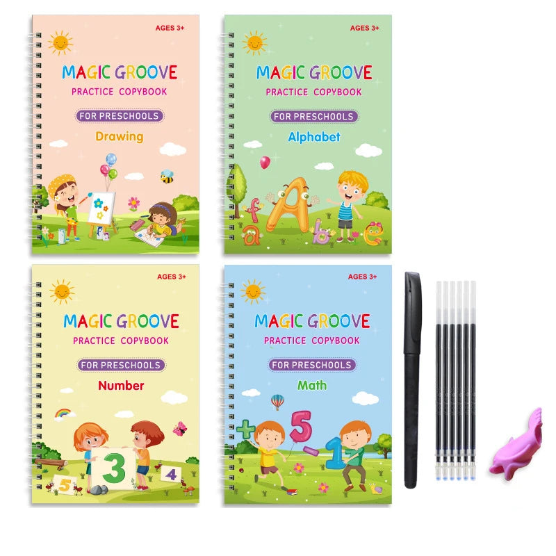 4 Books Magic Groovd Copybook Spanish English French German Calligraphy Practice Book Reusable Handwriting Workbooks for Kids