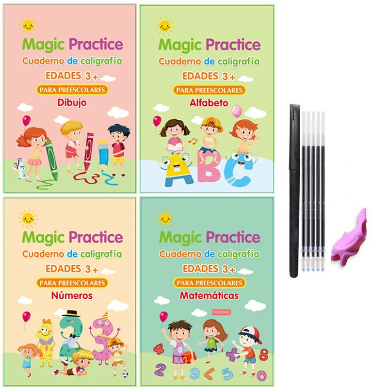 4 Books Magic Groovd Copybook Spanish English French German Calligraphy Practice Book Reusable Handwriting Workbooks for Kids